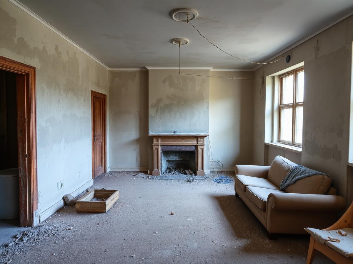 Salon avant travaux, murs abîmés