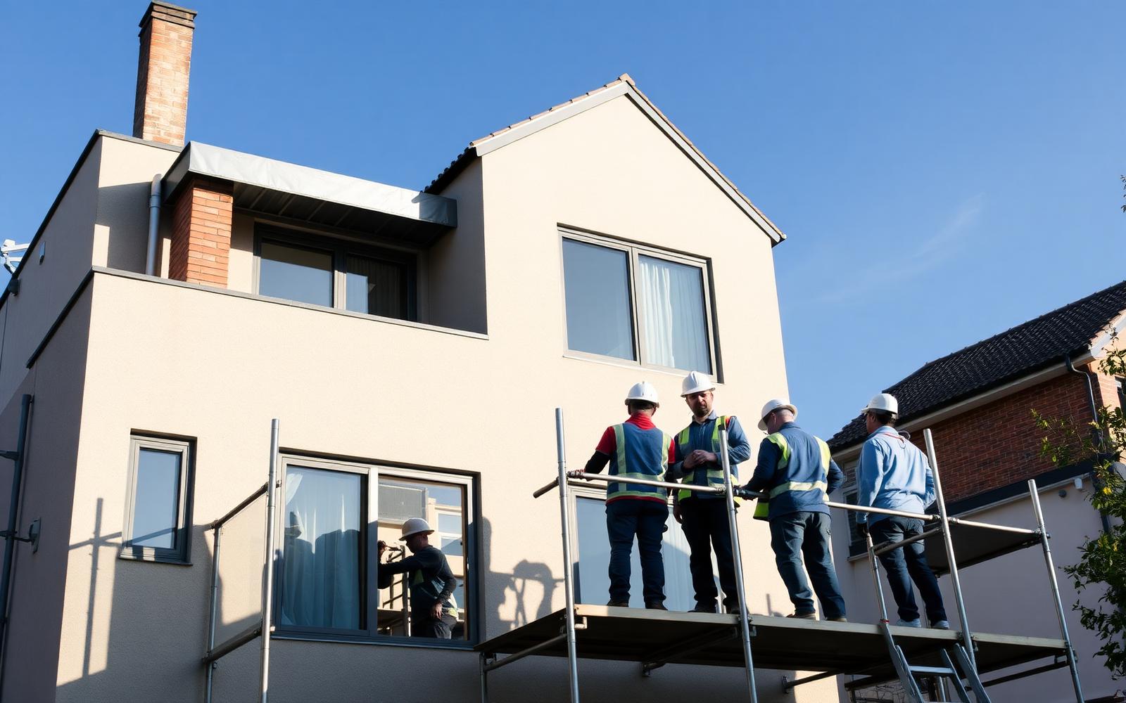 Chantier de rénovation avec artisans au travail