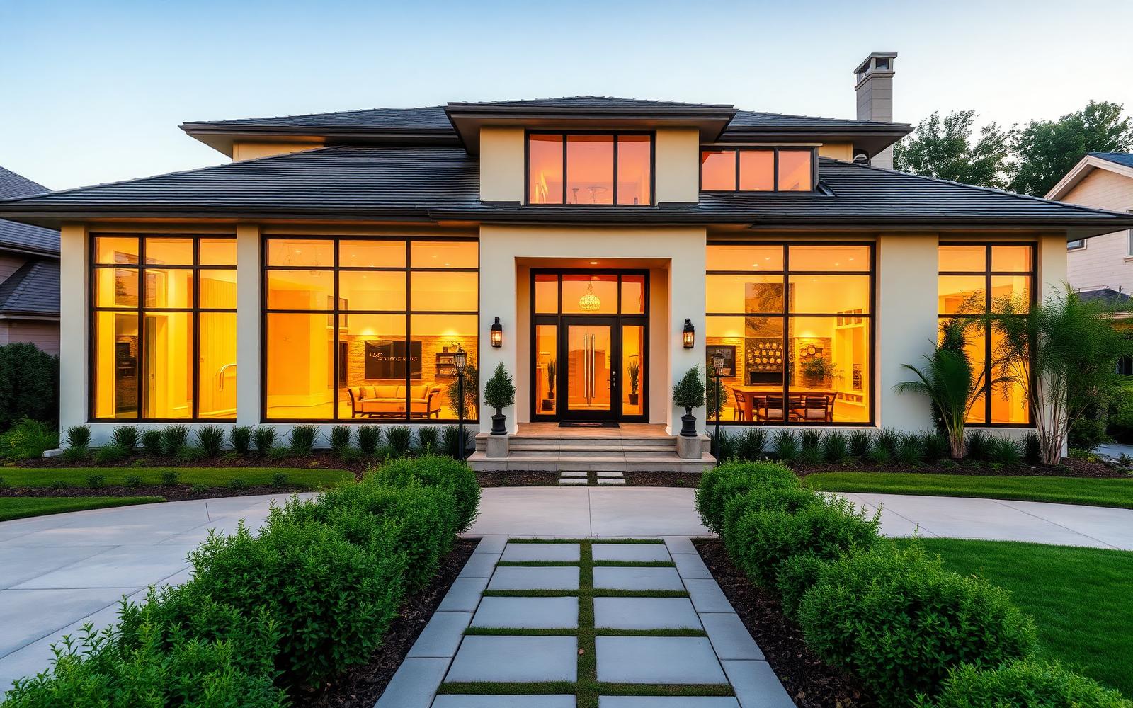 Façade d'une maison contemporaine avec jardin