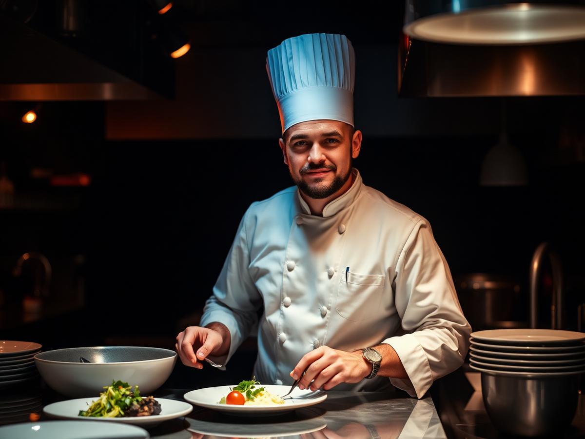 Portrait du chef dressant une assiette en cuisine